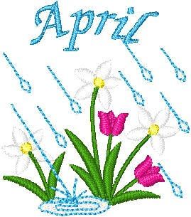 Embroidered April scene with raindrops, pink tulips, white daffodils, and green leaves under the word "April".