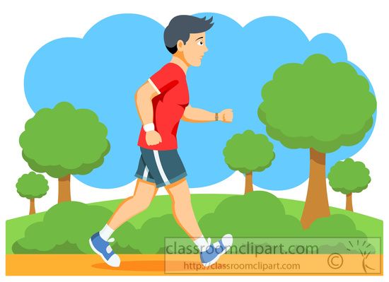 Man jogging outdoors in a park with trees and blue sky, wearing red shirt and blue shorts.