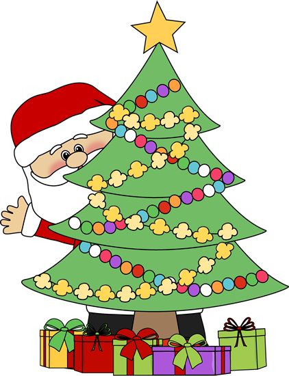 Santa Claus peeking from behind a decorated Christmas tree with gifts below.