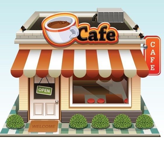 Charming cartoon-style cafe storefront with striped awning, "OPEN" sign, and coffee cup logo.