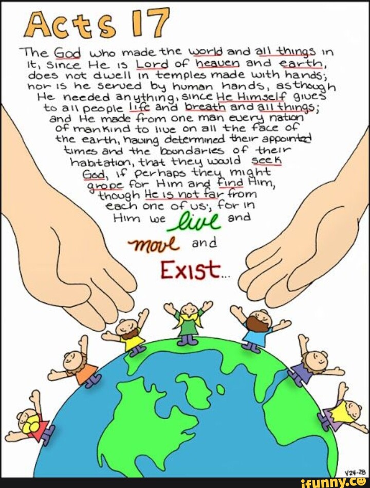 Illustration of Acts 17:28 with hands surrounding Earth and people, highlighting "in Him we live and move and exist."