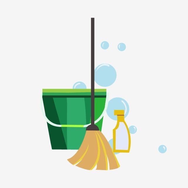 Green bucket, mop, and cleaning spray bottle with soap bubbles-illustration of household cleaning supplies.