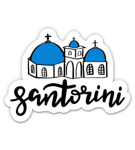 Stylized illustration of Santorini’s iconic blue-domed churches with handwritten "Santorini" text below.