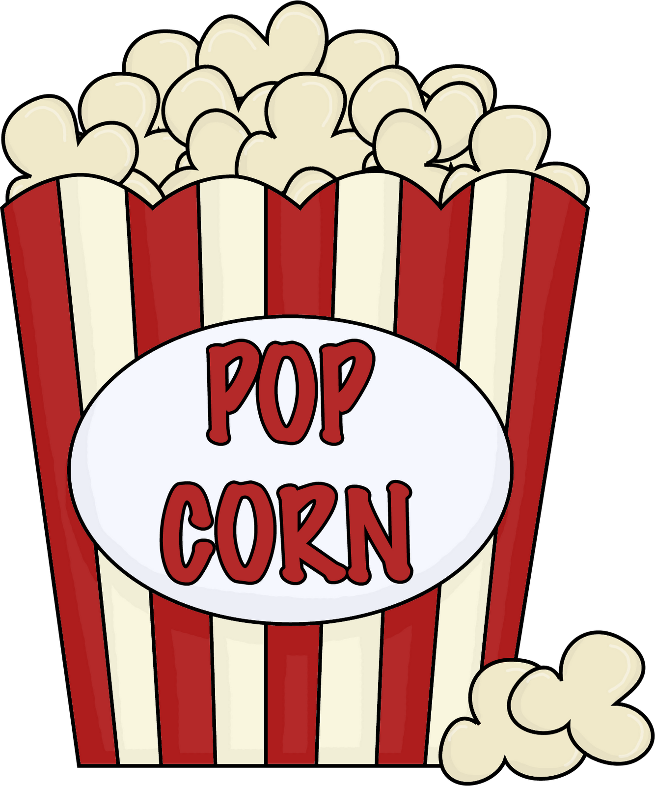 Classic red-and-white striped popcorn box overflowing with fluffy popcorn, labeled "POP CORN" in bold red letters.