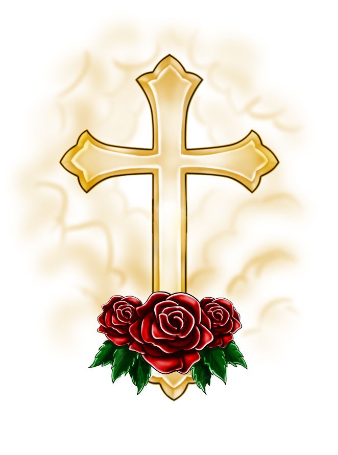 Golden ornate cross with three red roses and green leaves, set against soft glowing clouds.