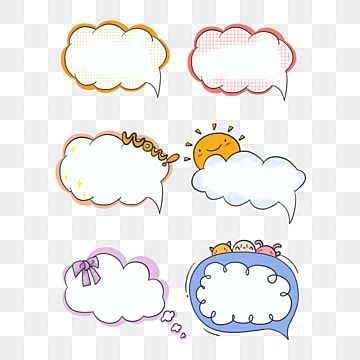 Six colorful cartoon cloud speech bubbles with decorative elements like bows, suns, and animals on transparent background.