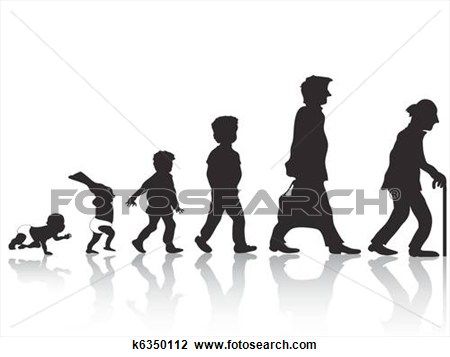 Silhouette sequence showing human life stages from infancy to old age with cane, on reflective white background.