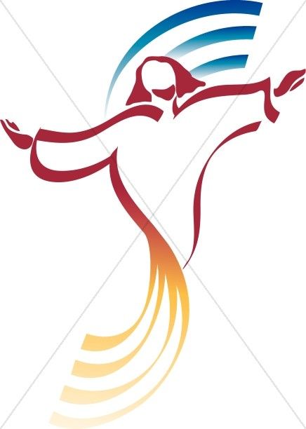 Stylized red figure with outstretched arms, blue arcs above head, and golden-yellow flowing lower body, symbolizing spiritual ascension or Holy Spirit.