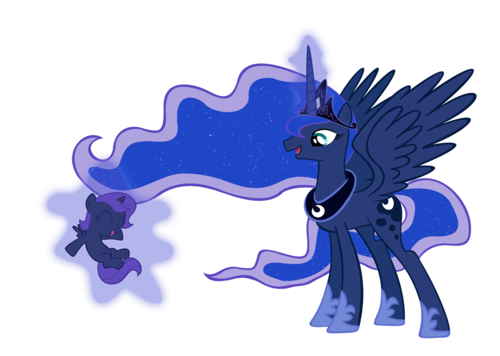 Princess Luna with her younger self in a starry night aura, wings spread and regal crown gleaming.