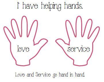 Two pink hand outlines labeled "love" and "service", with text "I have helping hands" and "Love and Service go hand in hand".