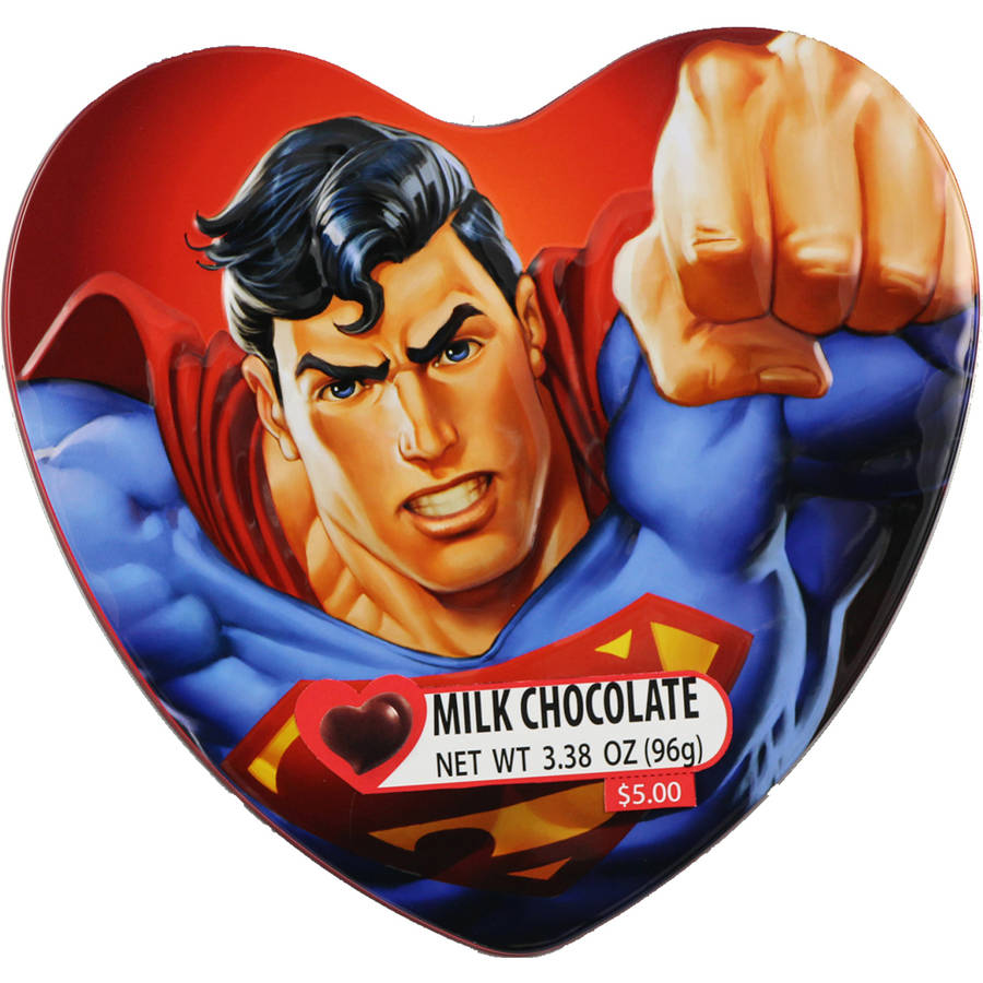 Heart-shaped Superman-themed milk chocolate tin with bold artwork and price tag.