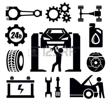Black-and-white icon set depicting automotive repair services including car lift, tires, battery, tools, and 24-hour service.