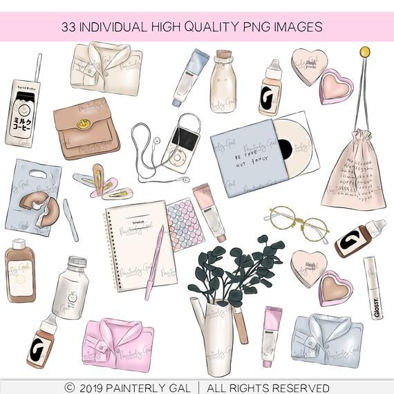 Hand-drawn illustration of 33 high-quality PNG items including skincare, notebooks, accessories, and stationery in soft pastel tones.