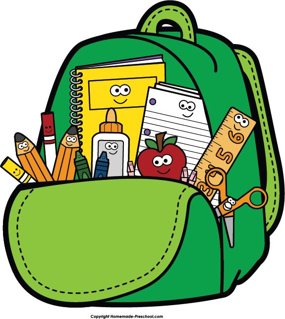 Green backpack filled with smiling school supplies including pencils, glue, apple, ruler, scissors, and notebooks.