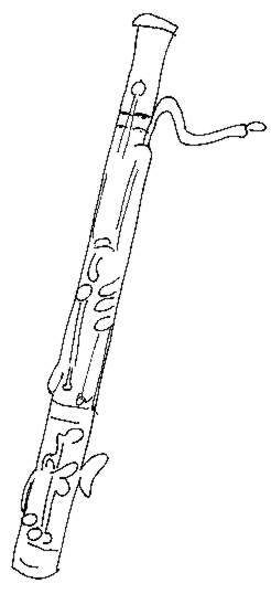 Line drawing of a bassoon, showing its long, curved body, double reed mouthpiece, and complex key system.