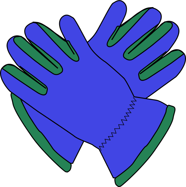 Blue work gloves with green reinforced fingertips and cuffs, illustrated in a clean vector style.