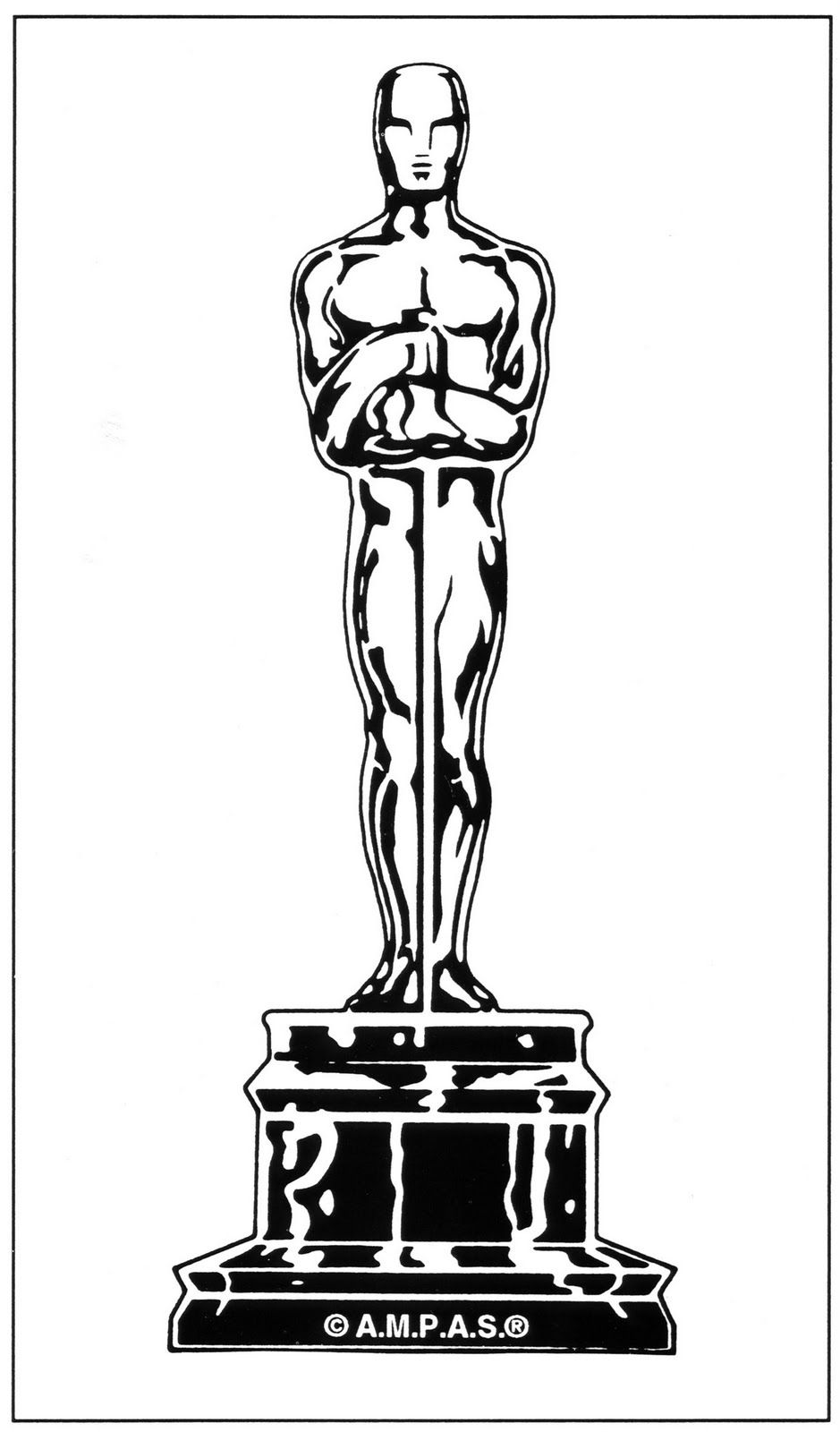 Black-and-white line drawing of the Oscar statuette, standing on a pedestal with ©A.M.P.A.S.® mark.