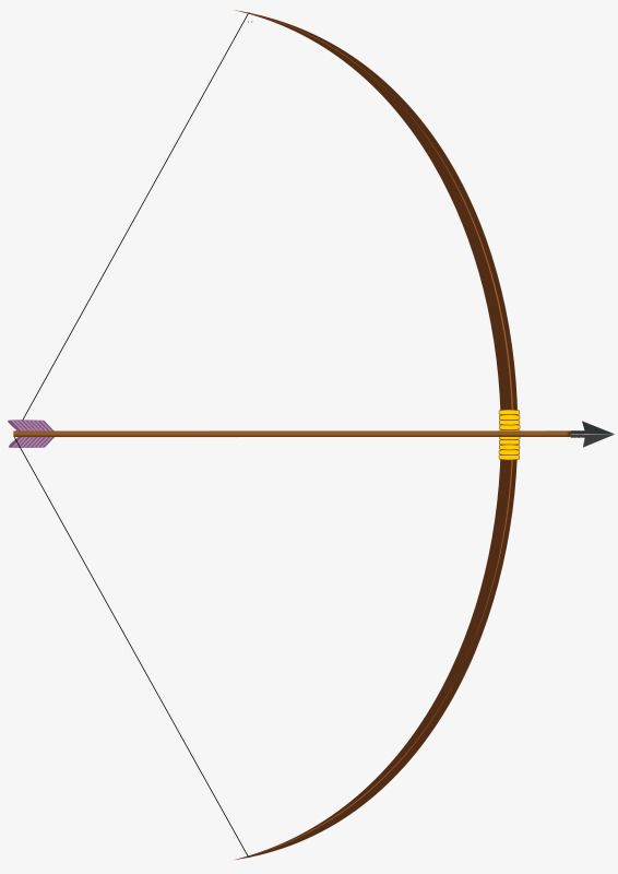 A traditional wooden recurve bow with a nocked arrow featuring purple fletching and yellow wraps, drawn and ready to shoot.