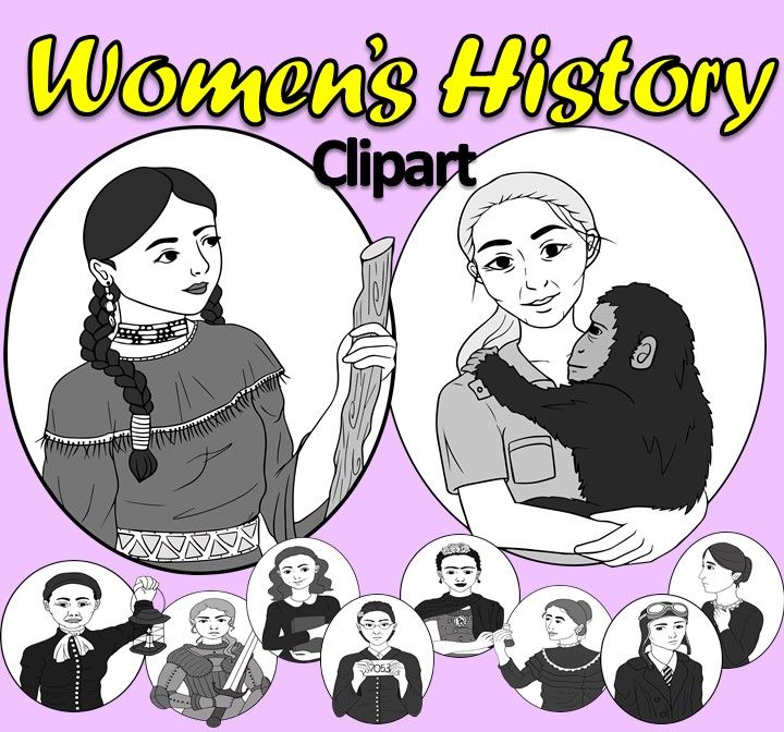 Black-and-white clipart illustrations of diverse women from history, including Indigenous, scientific, and activist figures.