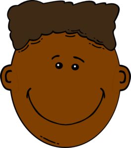 Smiling cartoon boy with brown skin and curly dark hair, friendly expression.