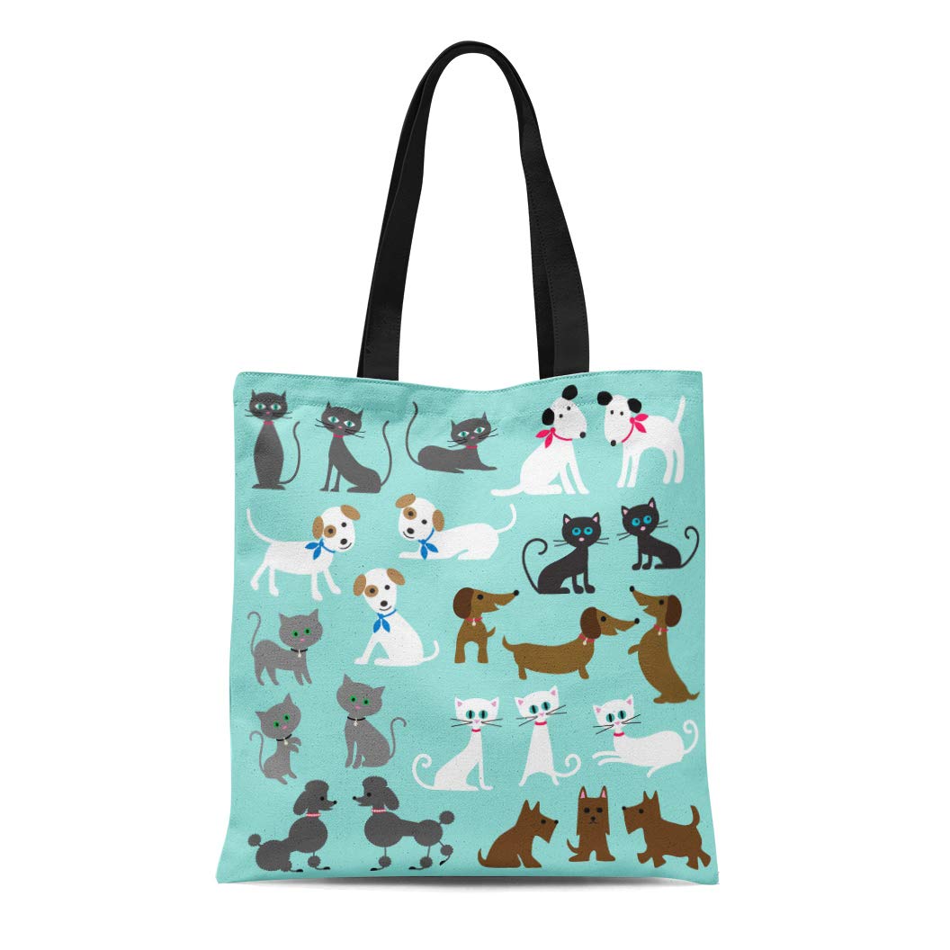 Teal tote bag with playful black, white, gray, and brown cats and dogs in retro-style illustrations.