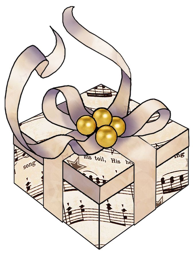 A gift box wrapped in sheet music paper, tied with a lavender ribbon and gold beads.