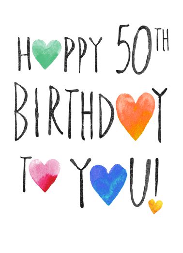 Happy 50th Birthday Card Design - Festive Watercolor Hearts & Handlettering