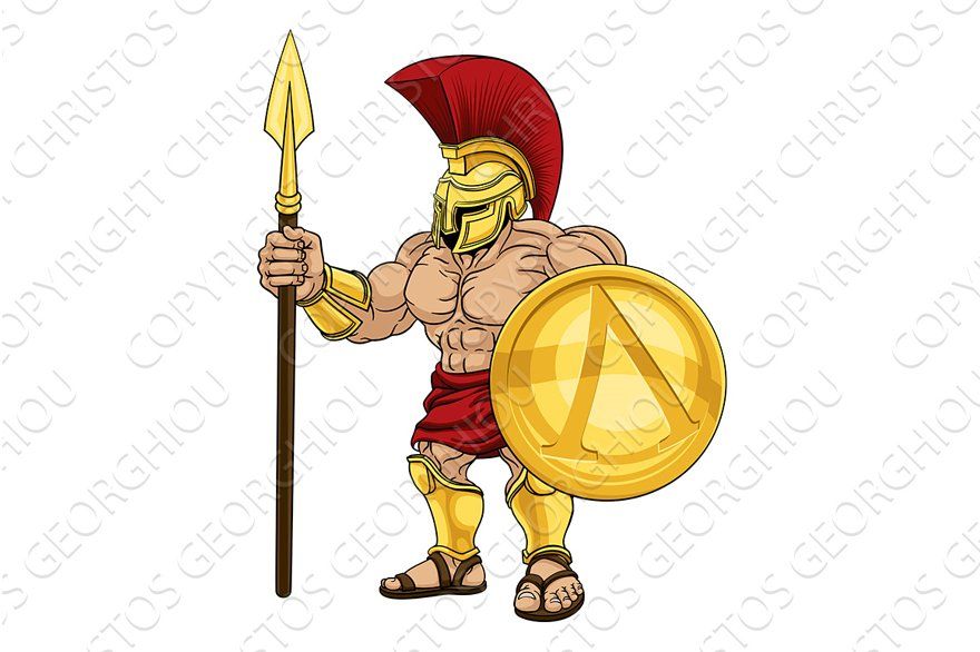 Muscular Spartan warrior in golden helmet and red plume, holding spear and shield with lambda symbol.