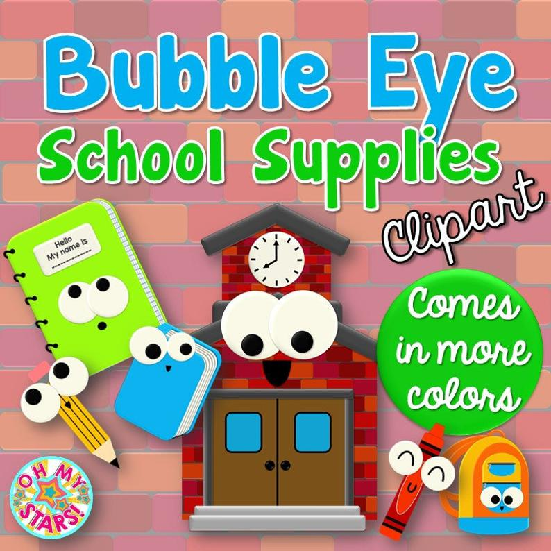 Bubble Eye School Supplies clipart featuring animated notebooks, pencil, crayon, backpack, and schoolhouse with googly eyes.
