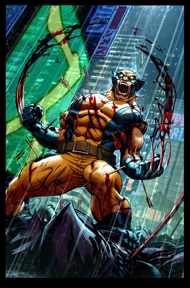 Wolverine roaring in rain, claws extended, arrows embedded in his body, neon city backdrop.
