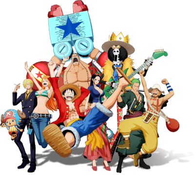 One Piece anime crew celebrating together with dynamic poses and iconic outfits against black background.