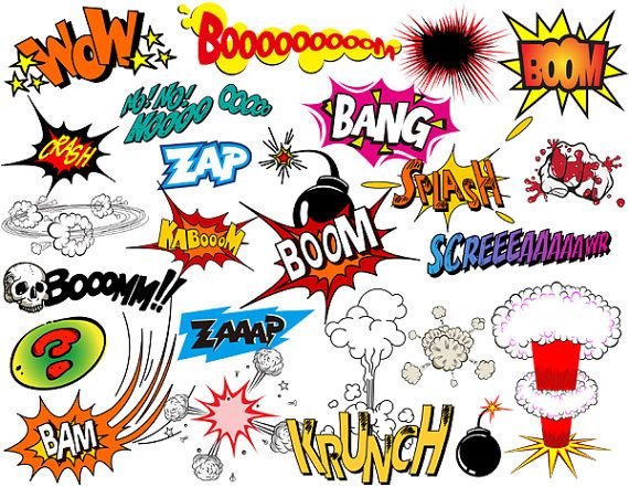 Collection of colorful comic book sound effect graphics including BOOM, BANG, ZAP, and KRUNCH on white background.