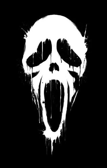 A high-contrast white Ghostface mask with black eye and mouth voids, paint-dripping effect on black background.