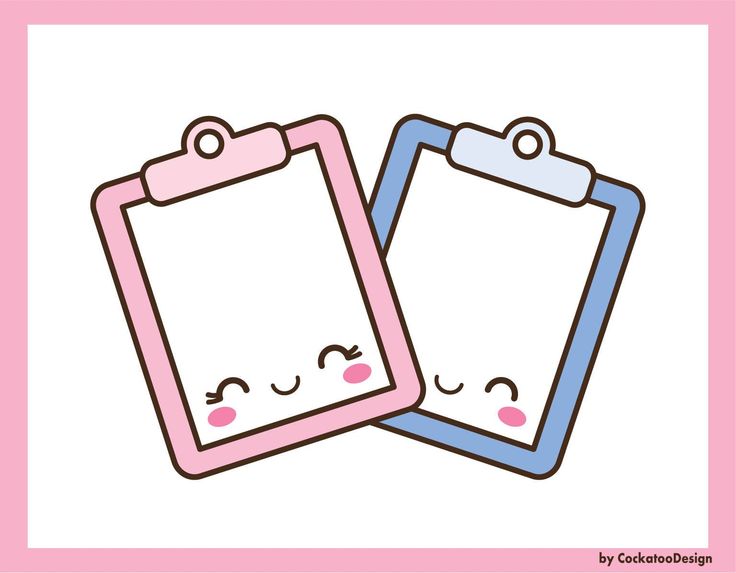 Two kawaii-style clipboards-one pink, one blue-with smiling faces and blushing cheeks.