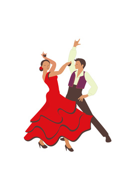 A man and woman performing a passionate flamenco dance, woman in red ruffled dress, man in vest and trousers.