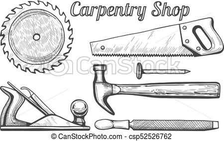 Hand-drawn sketch of classic carpentry tools: circular saw blade, handsaw, hammer, nail, plane, and chisel.