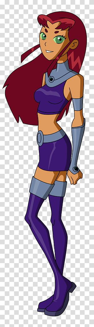 Starfire from Teen Titans, a red-haired alien superhero in purple and silver costume, standing confidently.