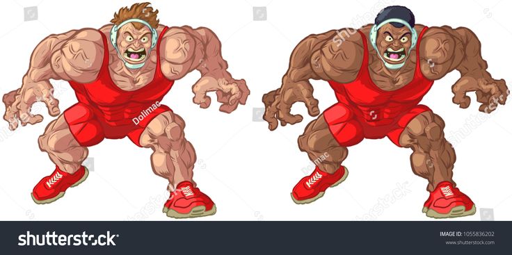 Two cartoon muscular wrestlers in red singlets and headgear, roaring aggressively in dynamic poses.