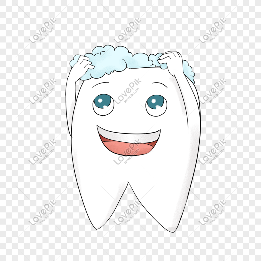 A smiling cartoon tooth with blue eyes washing its head with foamy shampoo, symbolizing dental hygiene and care.