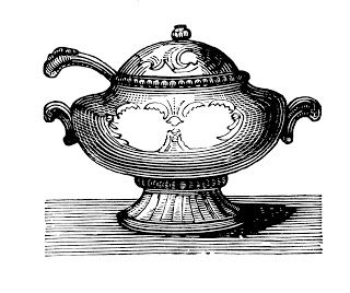 Ornate vintage silver tureen with lid, scroll handles, and decorative floral engraving on a wooden surface.