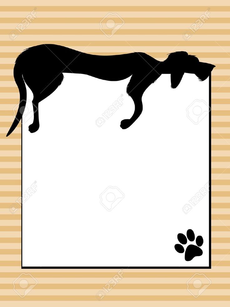 Black silhouette of a dog leaning over a blank white frame with a paw print in the corner, on striped beige background.