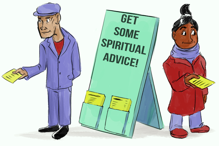 Two people receiving yellow leaflets from a sign reading "GET SOME SPIRITUAL ADVICE!"
