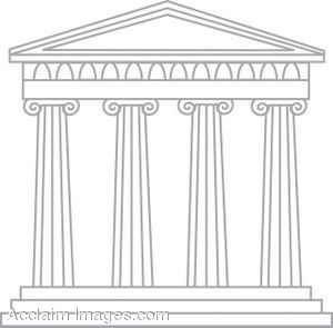 Line drawing of a classical Greek temple with Ionic columns and pediment.