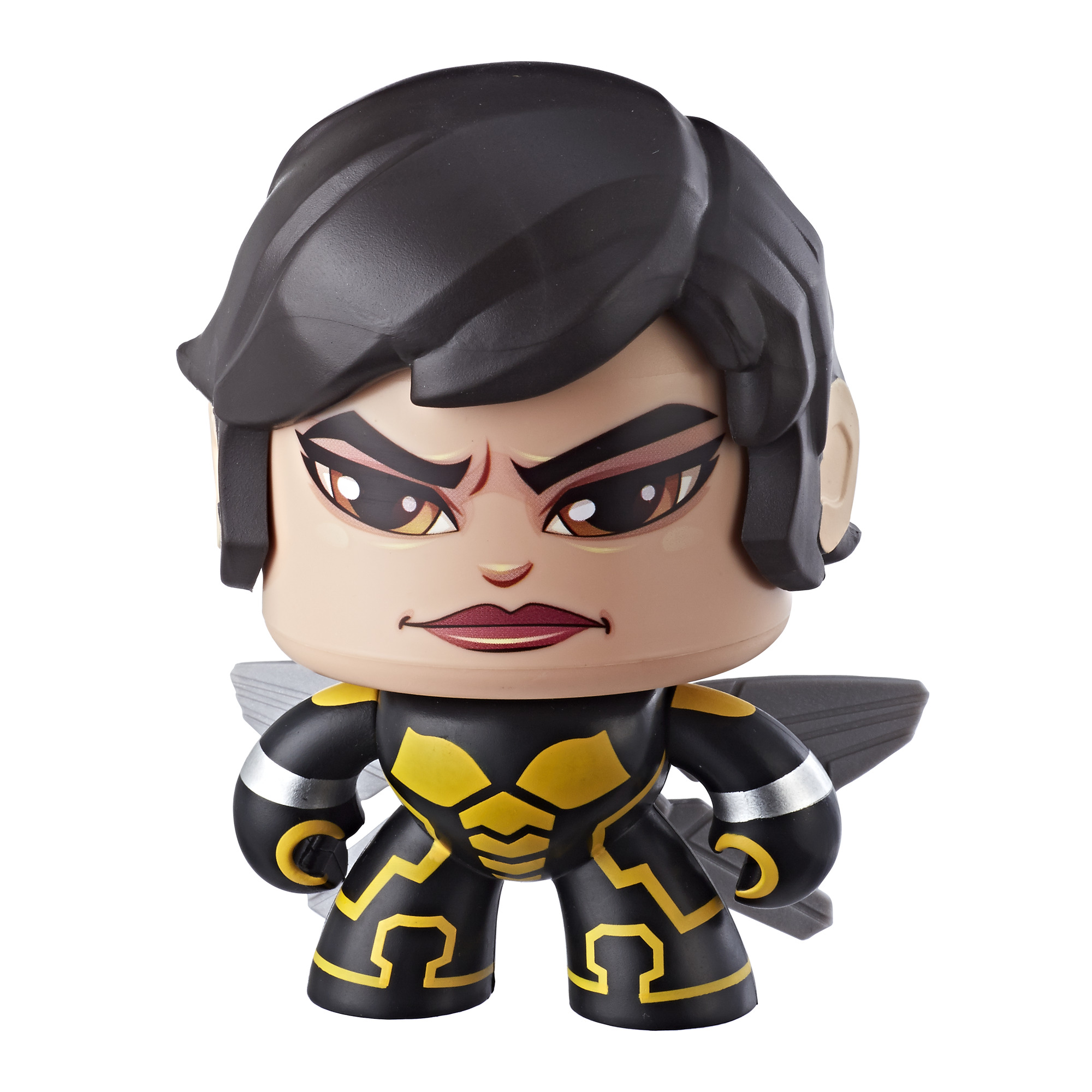 Stylized Wasp action figure in black and gold suit with wings, fierce expression, and short black hair.
