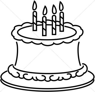 Black-and-white line drawing of a two-tier birthday cake with five lit candles on top.