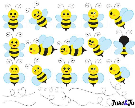 Collection of 15 cute cartoon bees with expressive faces, blue wings, and decorative swirls; one bee is black instead of yellow.