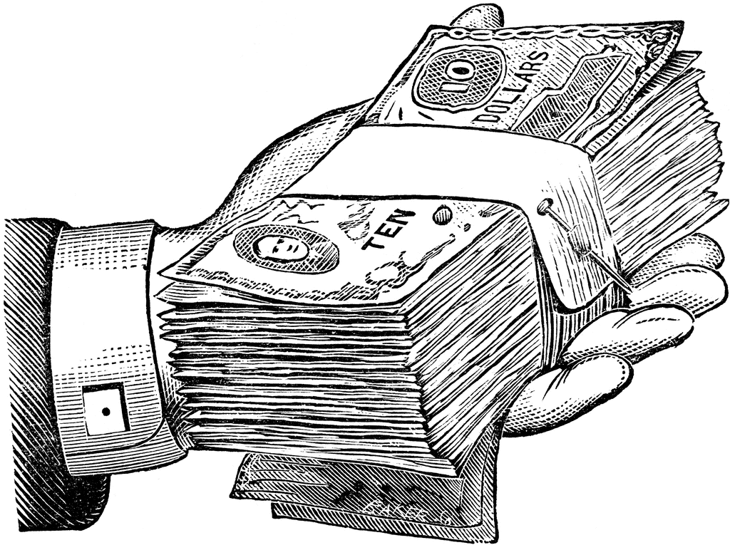 A hand in a formal shirt cuff holds a thick stack of US ten-dollar bills, some fanned out and secured with a paperclip.