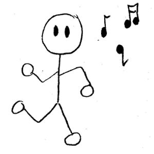 A simple stick figure dancing joyfully with musical notes floating nearby, conveying rhythm and movement.