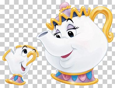 Mrs. Potts and Chip from Disney’s Beauty and the Beast, smiling teapot and teacup characters.