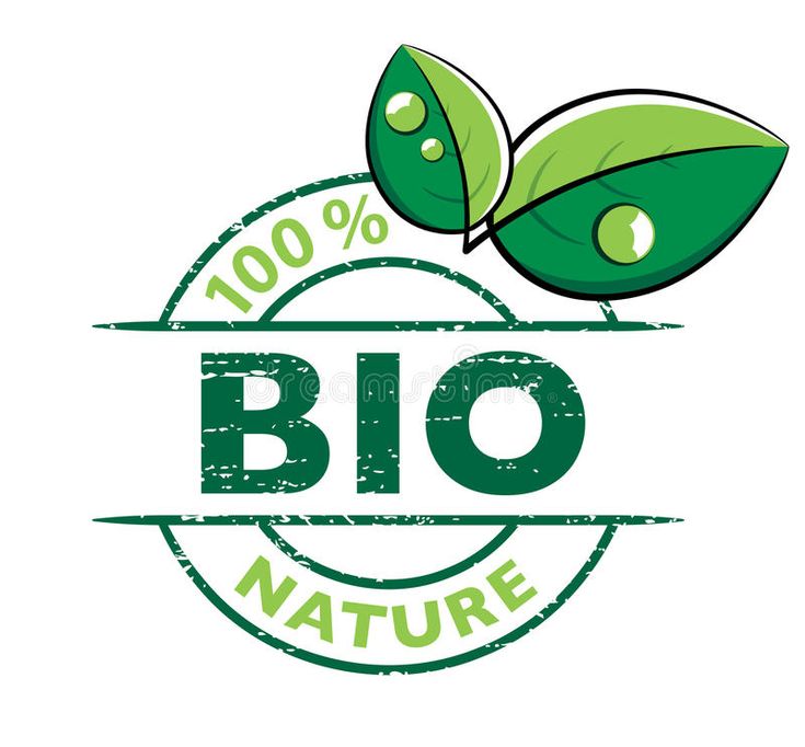 Green "100% BIO NATURE" stamp with leaf motif and water droplets, symbolizing organic certification.